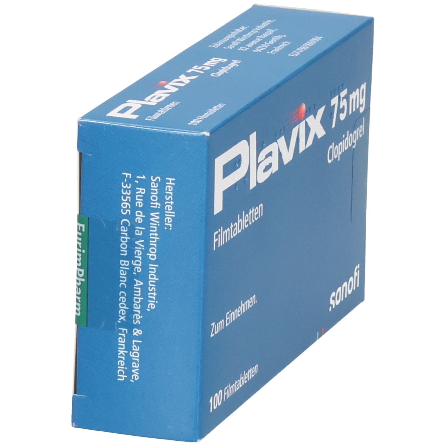 Plavix 75 mg Filmtabletten Clopidogrel, 100 Stück. Seitenansicht der blauen Verpackung mit Herstellerinformationen.