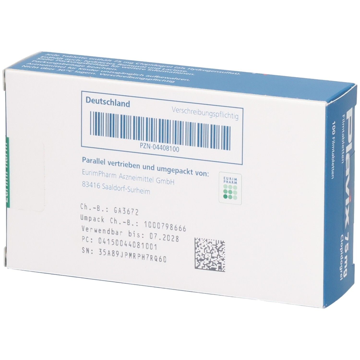 Rückseite der Plavix 75 mg Filmtabletten Verpackung. Enthält Barcode, Chargennummer und Verfallsdatum.