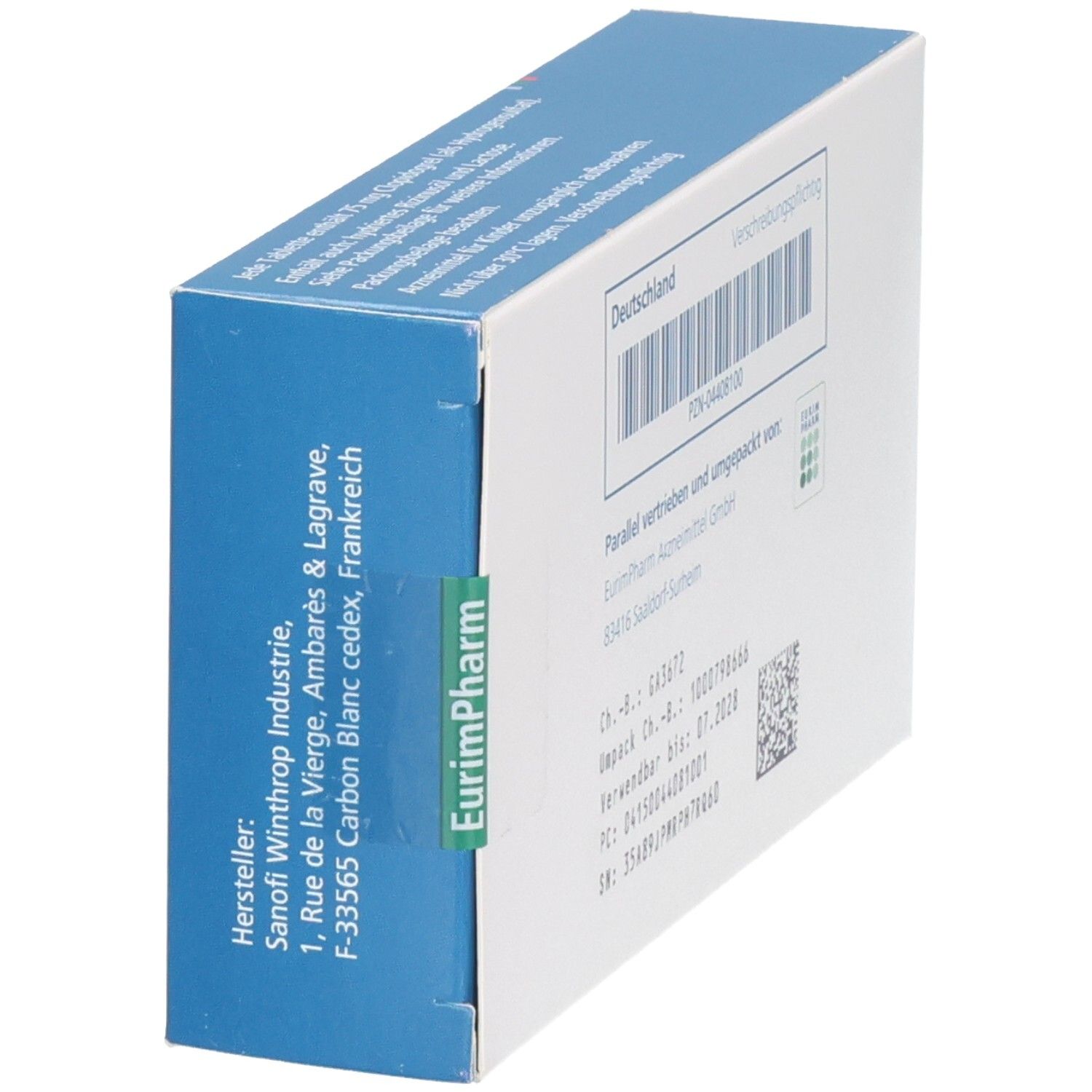 Seitenansicht der Plavix 75 mg Filmtabletten Verpackung mit detaillierten Hersteller- und Produktinformationen.