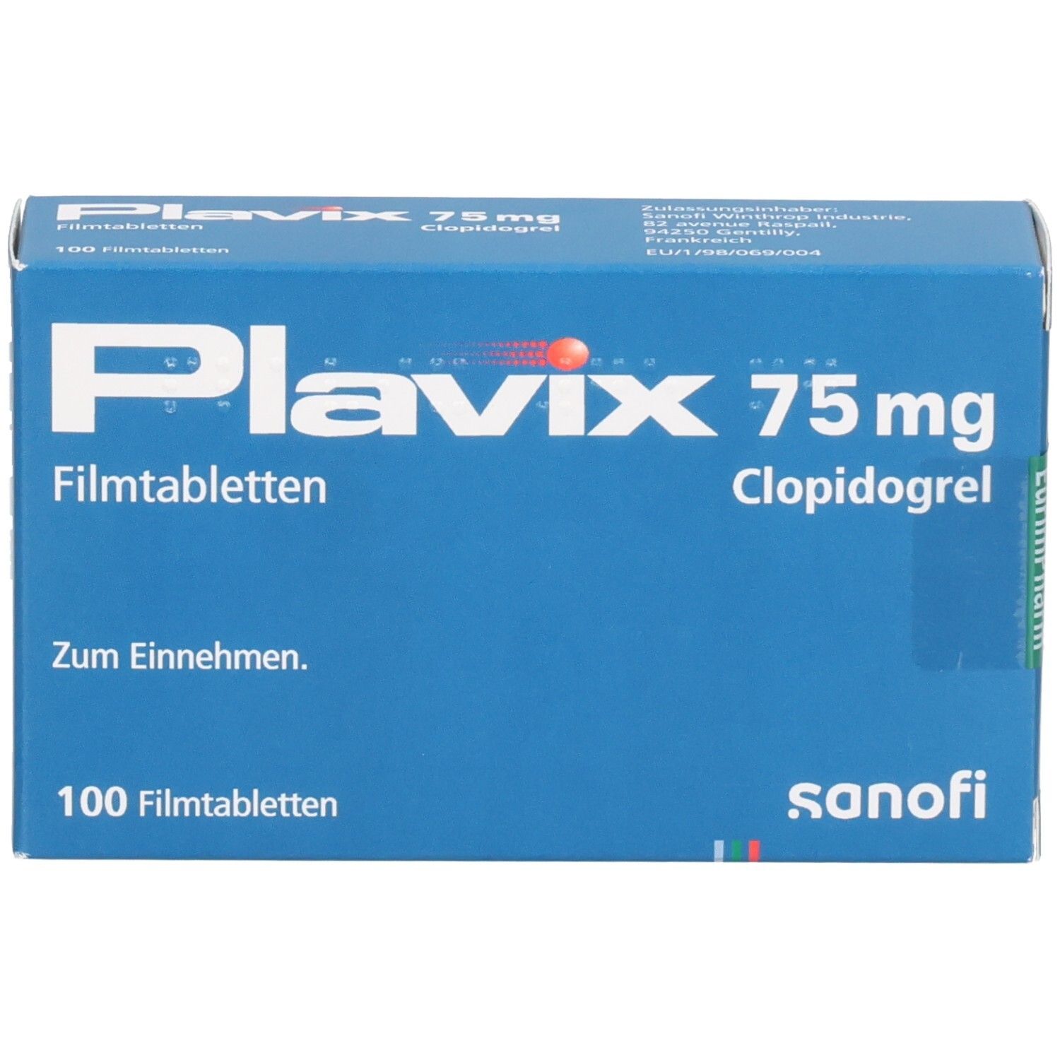 Plavix 75 mg Filmtabletten Clopidogrel, 100 Stück. Blauer Karton mit weißen und roten Schriftzügen, Vorderansicht.