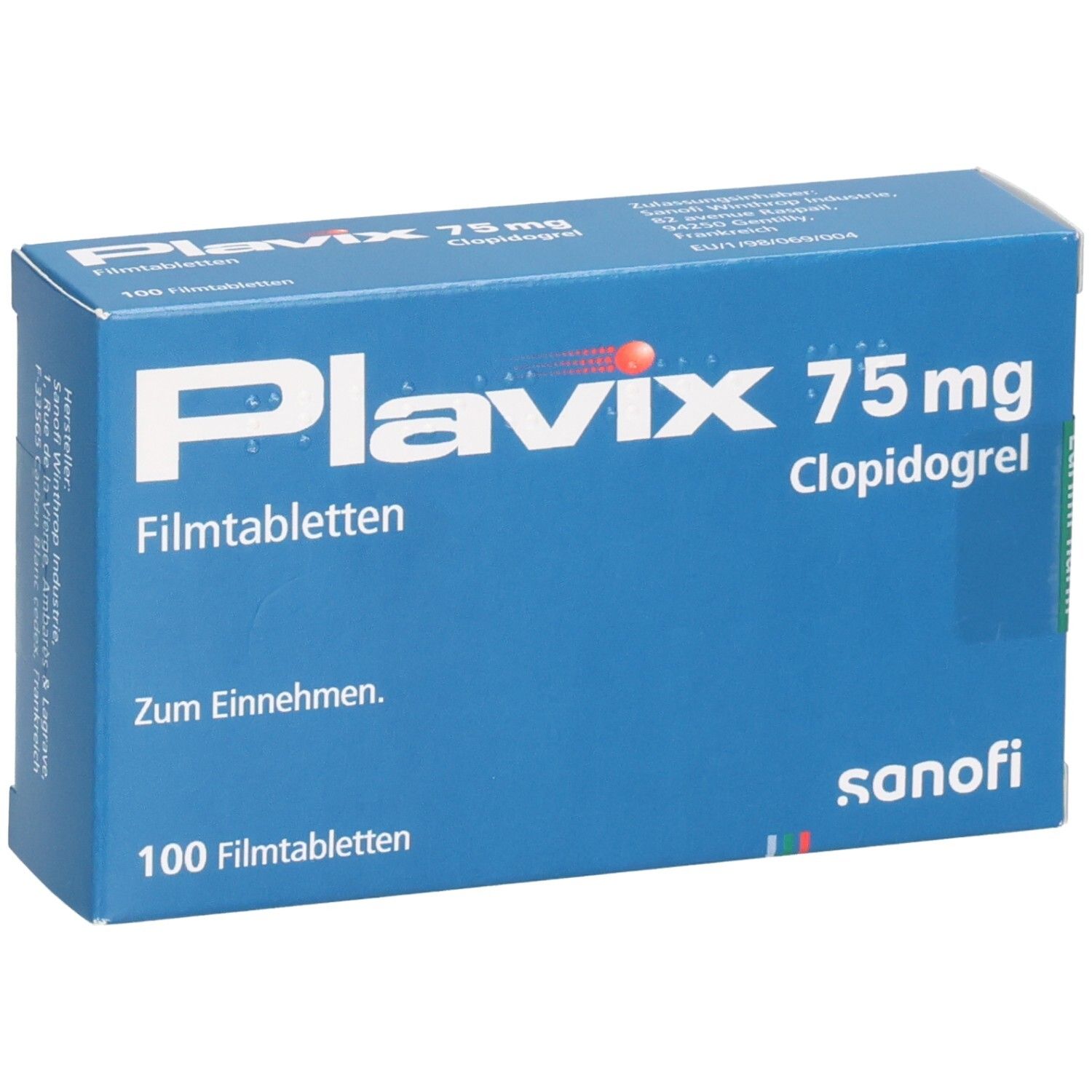 Plavix 75 mg Filmtabletten Clopidogrel, 100 Stück. Blauer Karton mit weißen und roten Schriftzügen, leichte Schrägansicht.