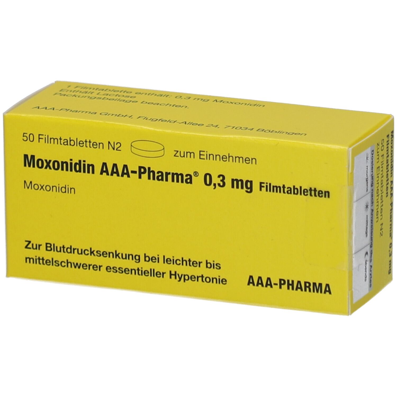 Gelbe Arzneimittelverpackung mit Aufschrift 'Moxonidin AAA-Pharma 0,3 mg'. Enthält 50 Filmtabletten. Text zur Blutdrucksenkung.