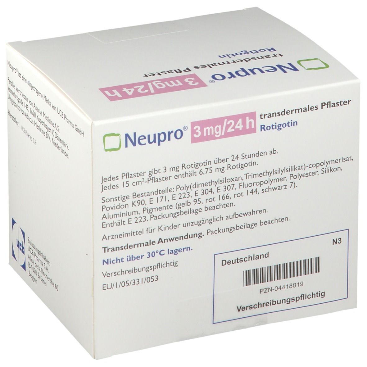 Karton von Neupro 3 mg/24 h. Weiß mit Text. Enthält Informationen.