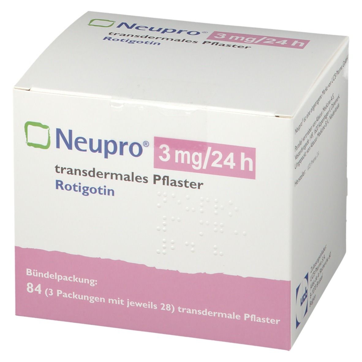 Karton von Neupro 3 mg/24 h. Rosa und weiß. 84 Pflaster enthalten.