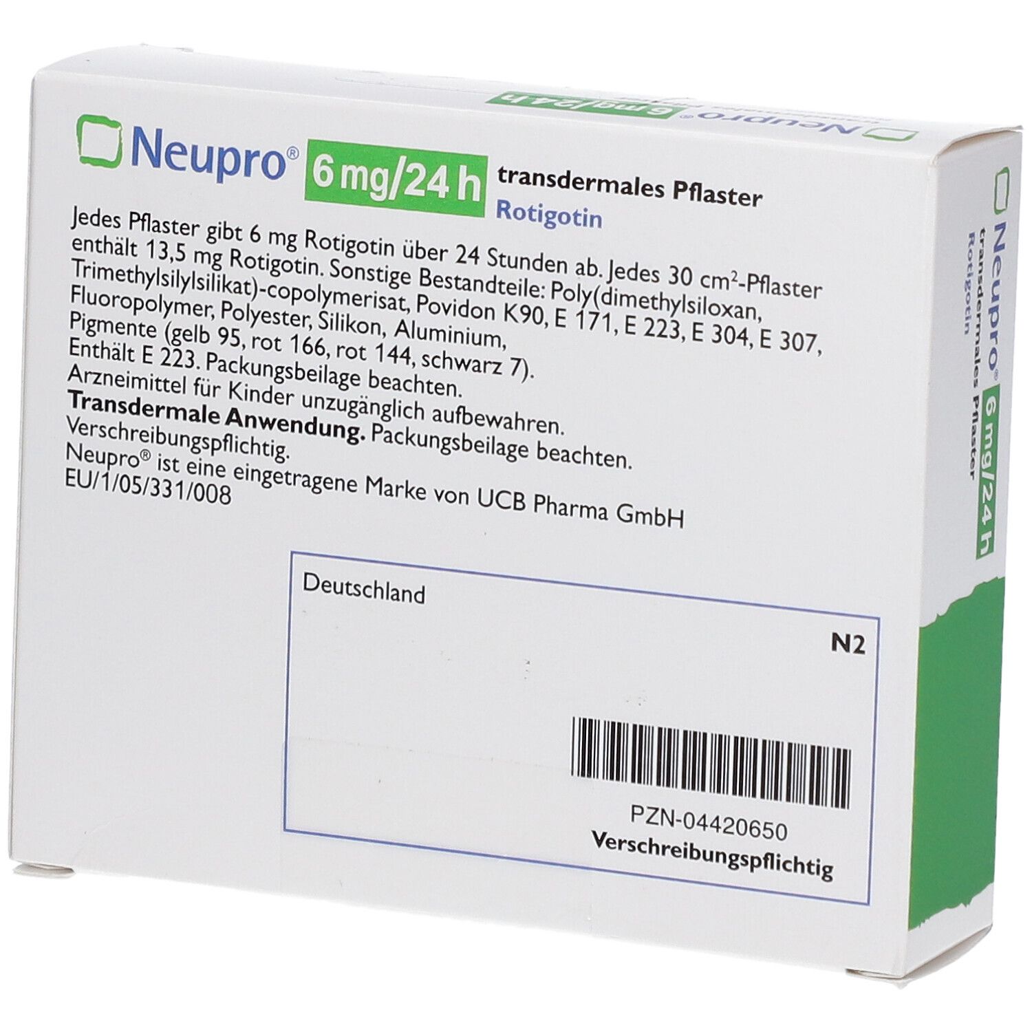 Schachtel "Neupro 6 mg/24 h". Rückseite mit Text. Enthält Informationen zu Inhaltsstoffen und Hersteller.