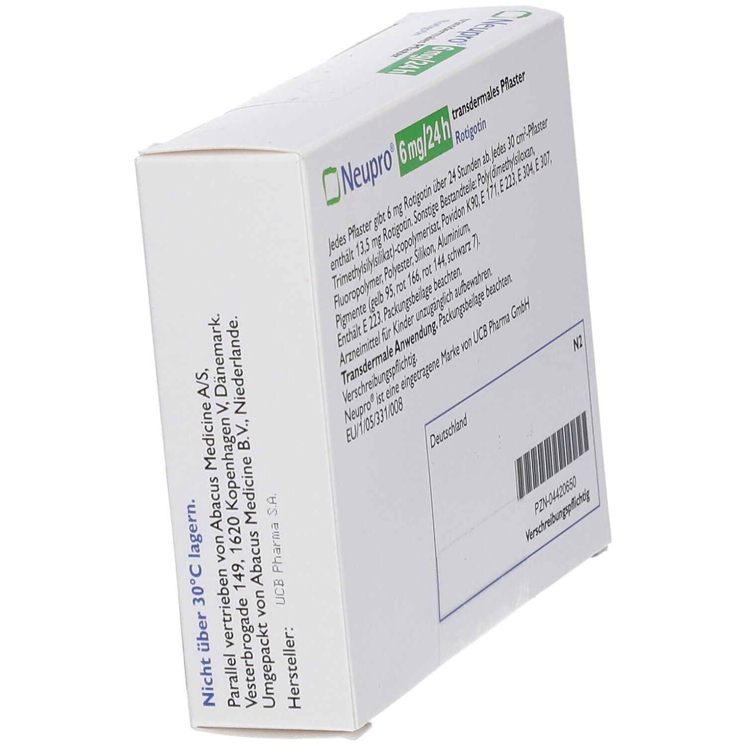 Schachtel "Neupro 6 mg/24 h" in Schrägansicht. Rückseite mit Text und Barcode. Herstellerangaben.