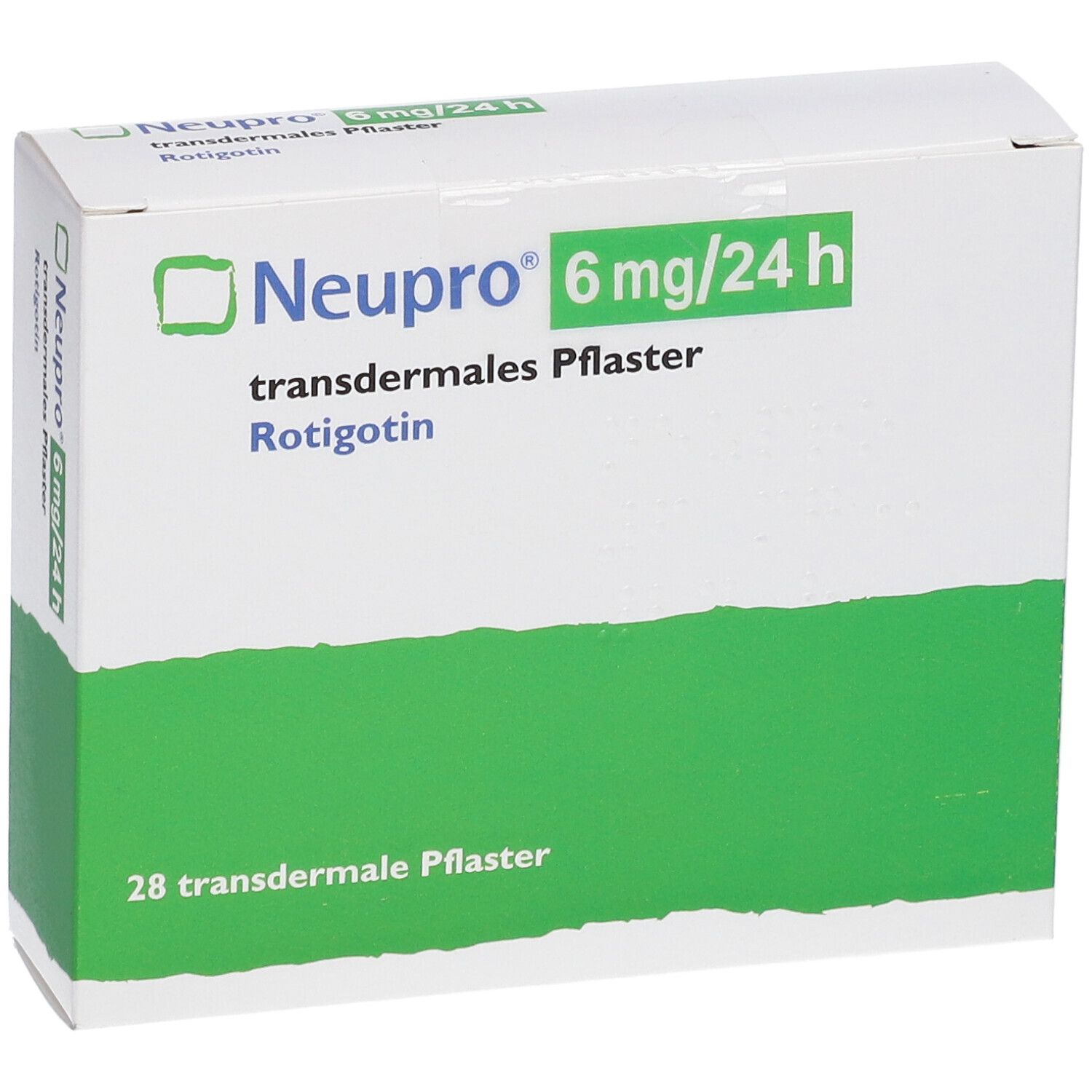 Schachtel "Neupro 6 mg/24 h". Grün-weiße Farbgebung. Enthält 28 transdermale Pflaster. Vorderansicht.