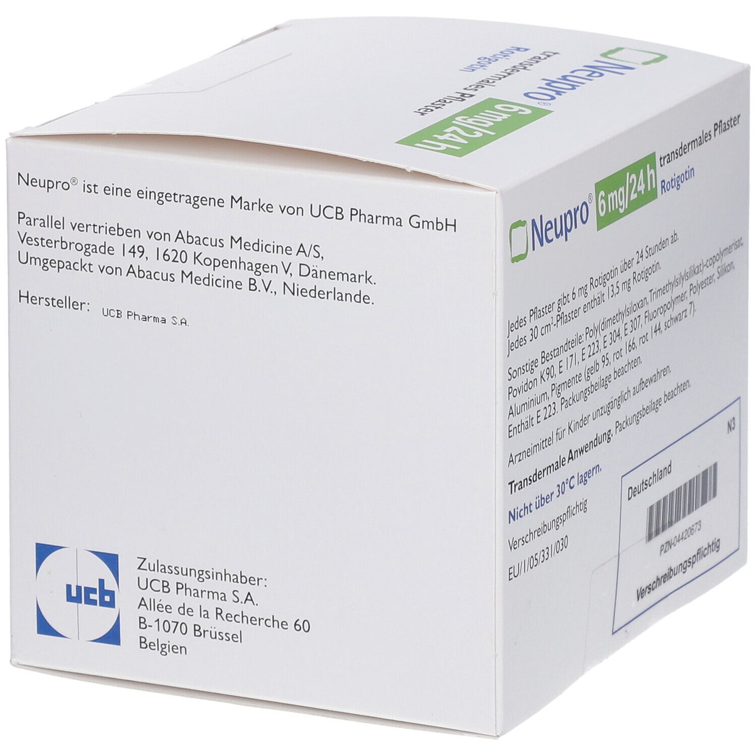 Karton von Neupro 6 mg/24 h, transdermales Pflaster. Seite mit Text und Herstellerinformationen.
