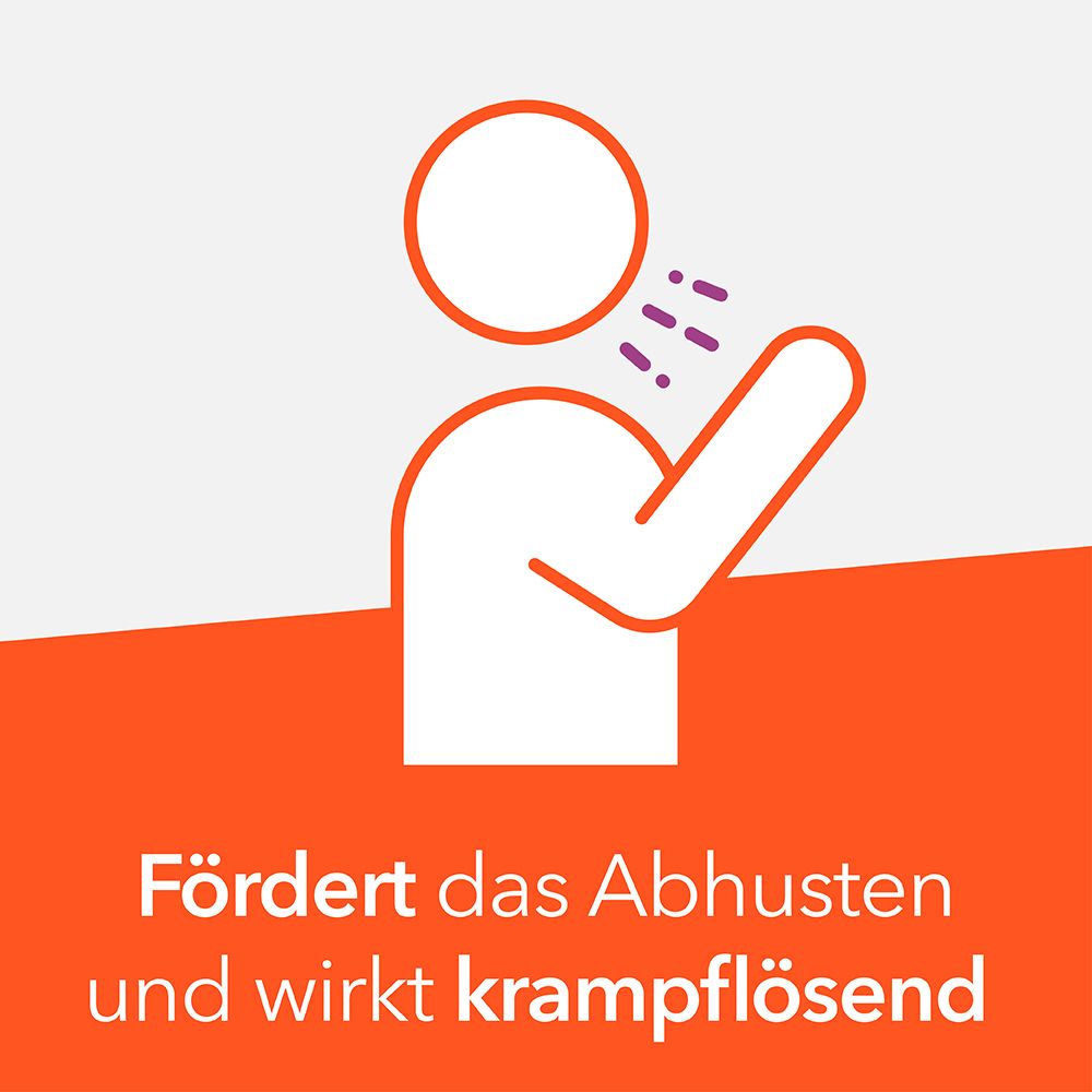 Symbol einer Person, die hustet. Text: Fördert das Abhusten und wirkt krampflösend.