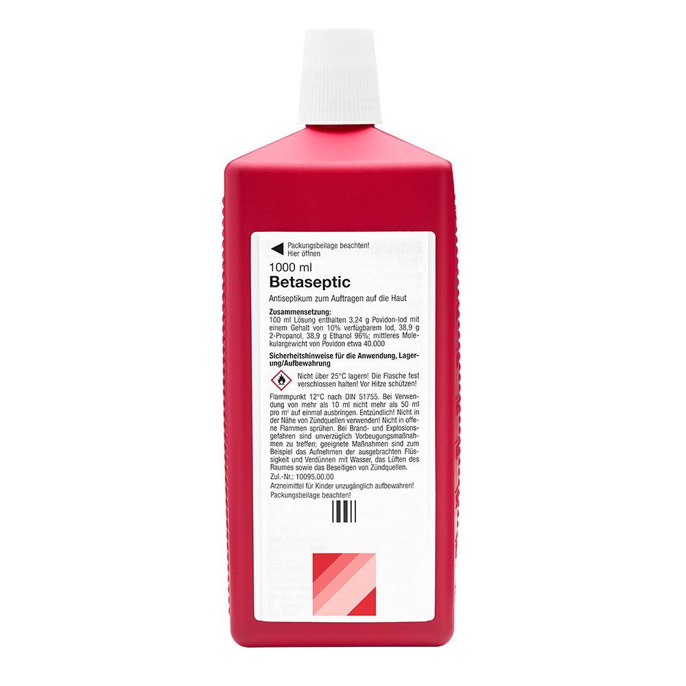 Rote Flasche mit weißem Deckel. Beschriftung: Betaseptic, 1000 ml. Text auf Etikett.