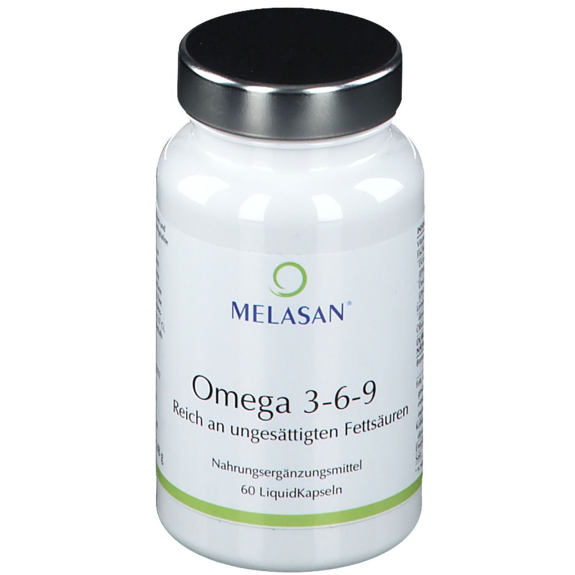 Weiße Flasche mit schwarzem Deckel. Aufschrift: MELASAN, Omega 3-6-9, Nahrungsergänzungsmittel. 60 LiquidKapseln.