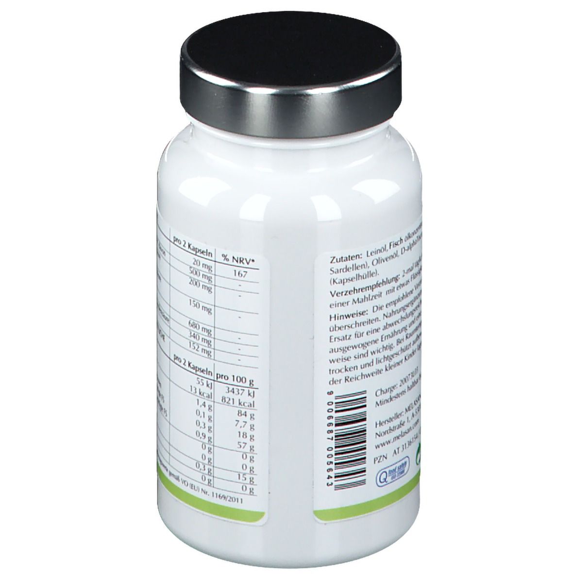Weiße Flasche mit schwarzem Deckel. Rückseite mit Zutaten, Nährwertangaben und Chargennummer. Text in deutscher Sprache.