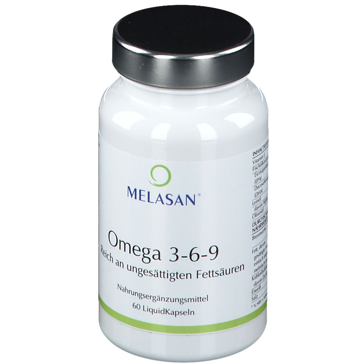 Weiße Flasche mit schwarzem Deckel. Aufschrift: MELASAN, Omega 3-6-9, Nahrungsergänzungsmittel. 60 LiquidKapseln.