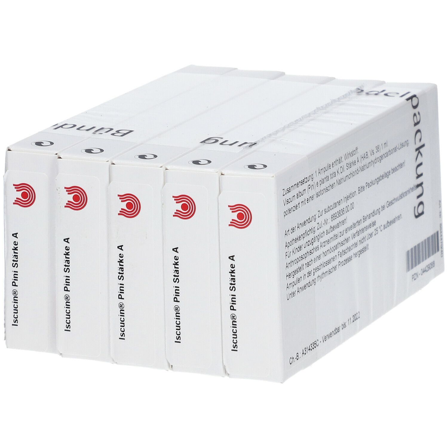 Mehrere weiße Kartons mit roter Schrift. Aufdruck: Iscucin Pini Stärke A. Teil einer Bundelpackung. Rotes Logo.