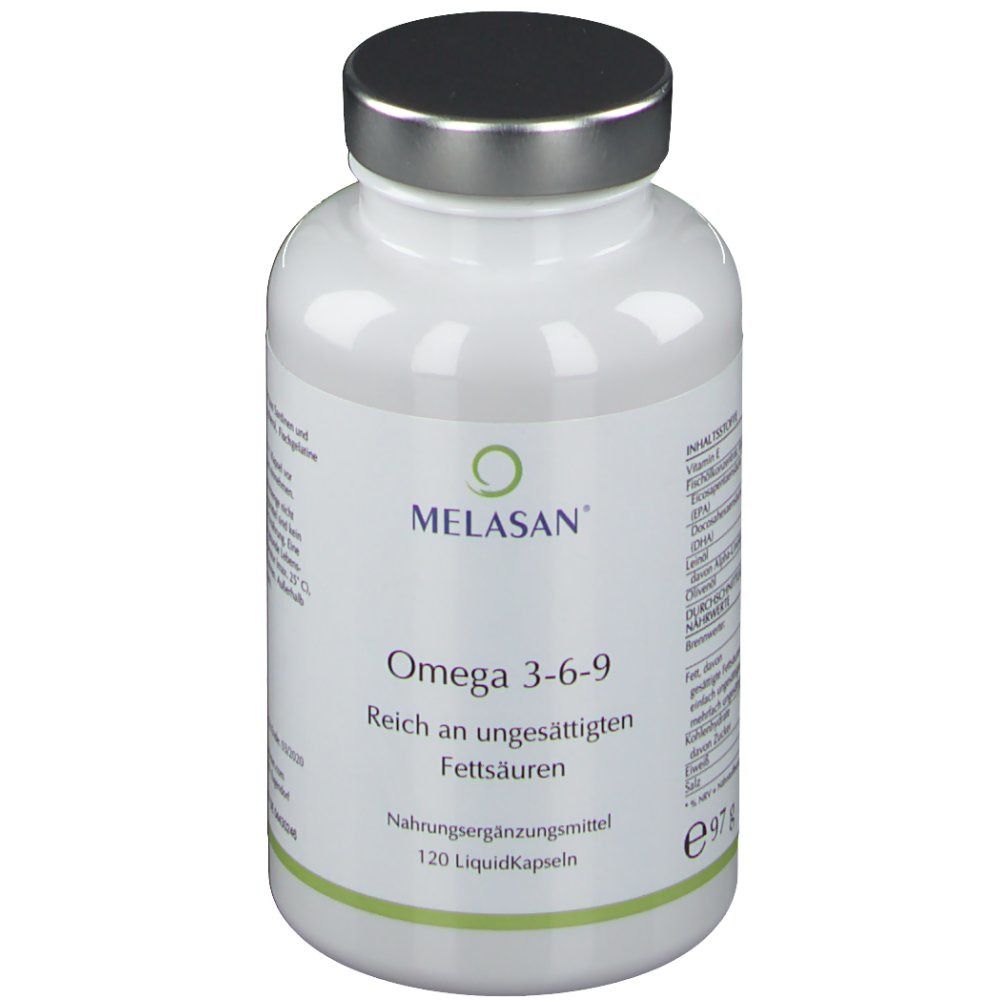 Weiße Flasche mit silbernem Deckel. Aufschrift: MELASAN Omega 3-6-9. 120 Liquidkapseln. Grün umrandet.