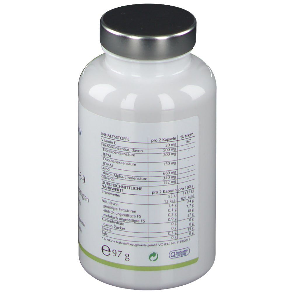 Weiße Flasche mit silbernem Deckel. Rückseite mit Nährwertangaben. MELASAN Omega 3-6-9. 120 Liquidkapseln. Grün umrandet.