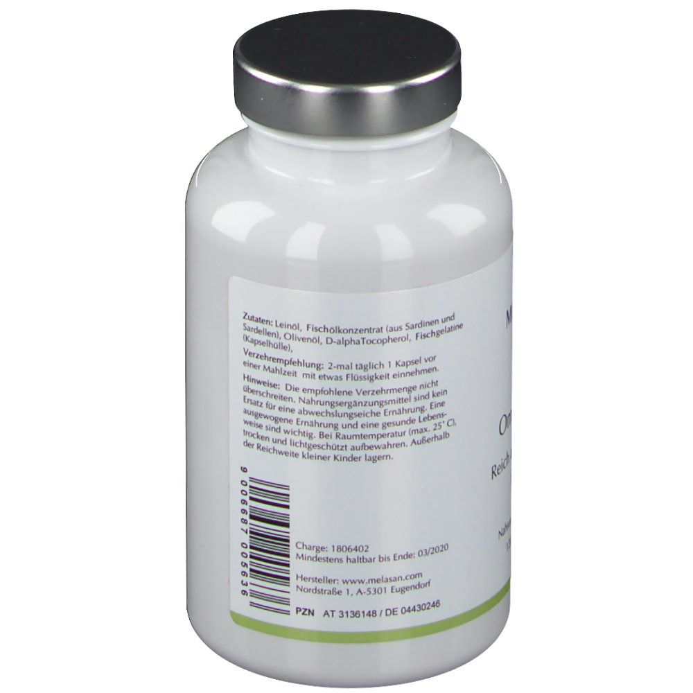 Weiße Flasche mit silbernem Deckel. Rückseite mit Text und Barcode. Grün umrandet. Hinweise und Zutaten.