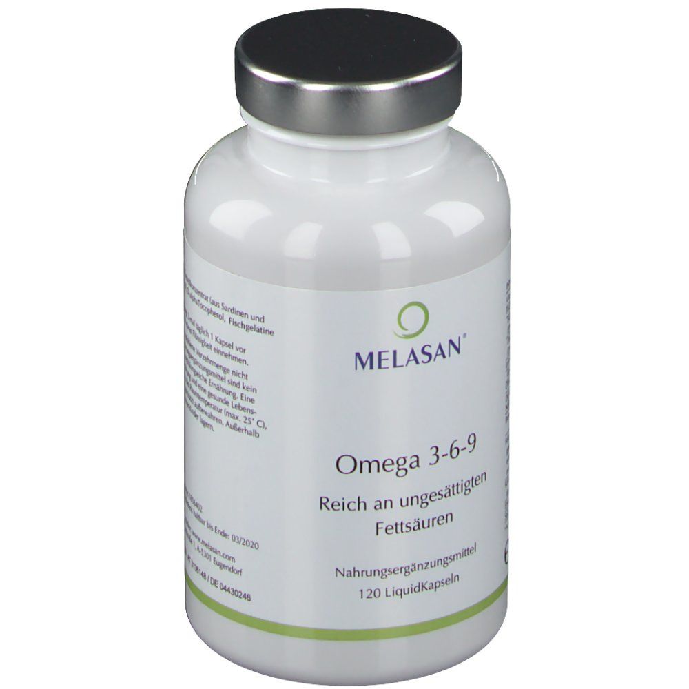 Weiße Flasche mit silbernem Deckel. Aufschrift: MELASAN Omega 3-6-9. 120 Liquidkapseln. Grün umrandet.