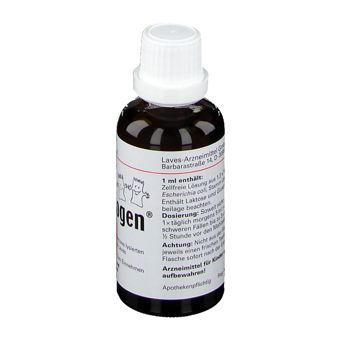 Braune Flasche mit weißem Verschluss. Aufschrift: Colibiogen Kinder. Enthält Lactose und Glukose.