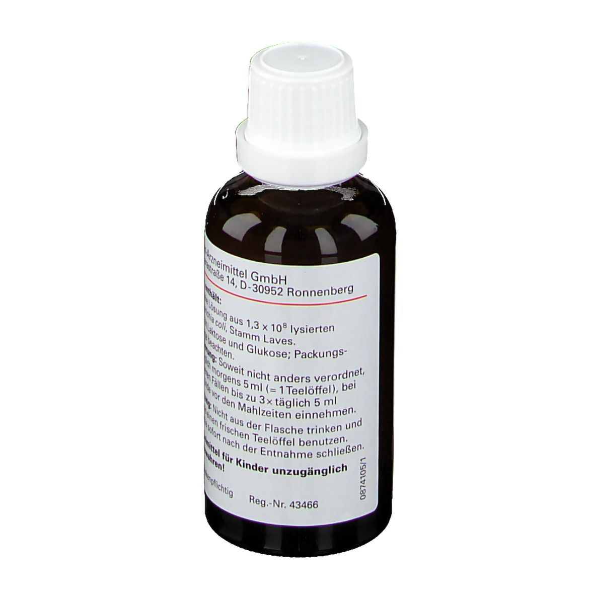 Braune Flasche mit weißem Verschluss. Aufschrift: Colibiogen Kinder. Dosierung: 5ml morgens.