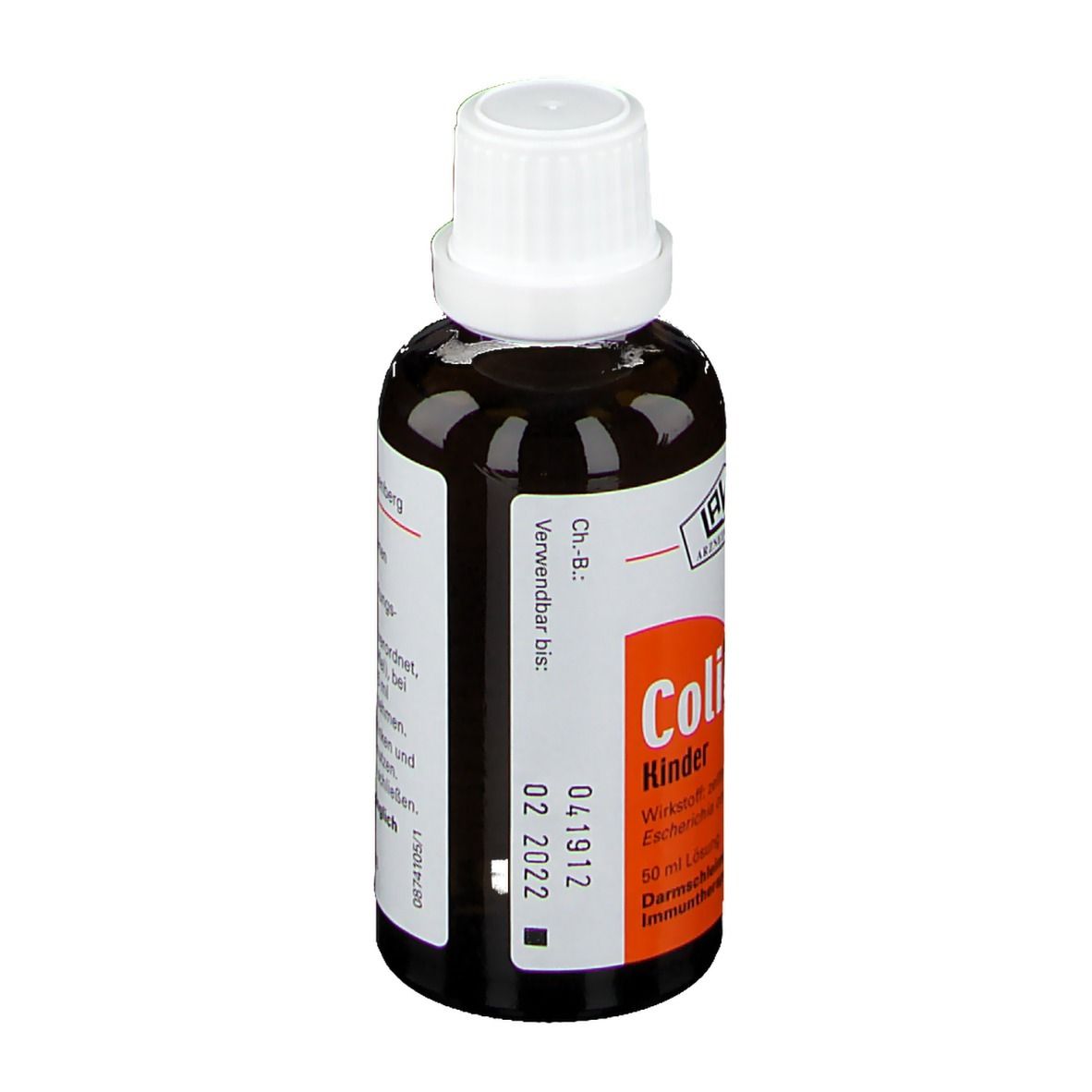 Braune Flasche mit weißem Verschluss. Aufschrift: Colibiogen Kinder. Verwendbar bis 02.2022.