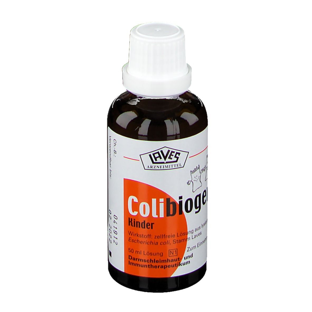 Braune Flasche mit weißem Verschluss. Aufschrift: Colibiogen Kinder. AVES Arzneimittel.