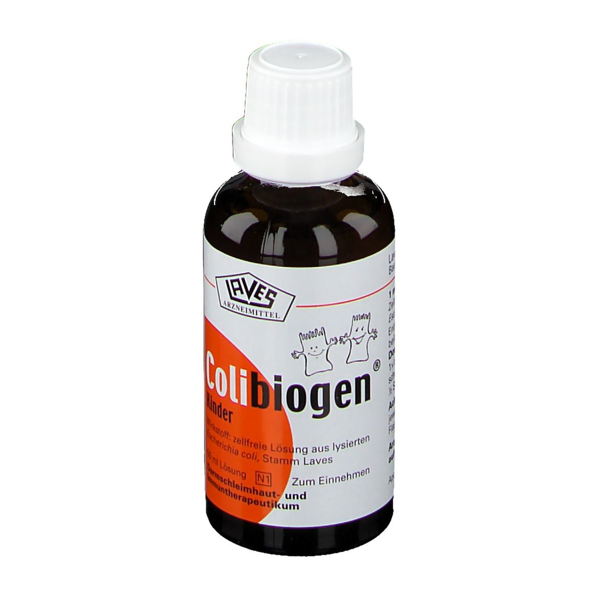 Braune Flasche mit weißem Verschluss. Aufschrift: Colibiogen Kinder. AVES Arzneimittel.