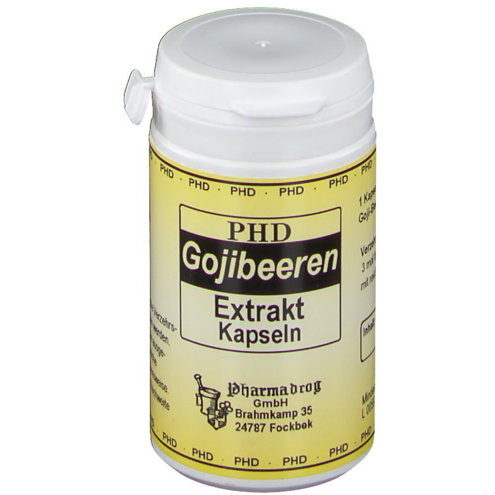 Weiße Dose mit gelbem Etikett. Aufschrift: PHD Gojibeeren Extrakt Kapseln. Logo Pharmadrog. Adresse: Brahmkamp 35, 24787 Fockbek.