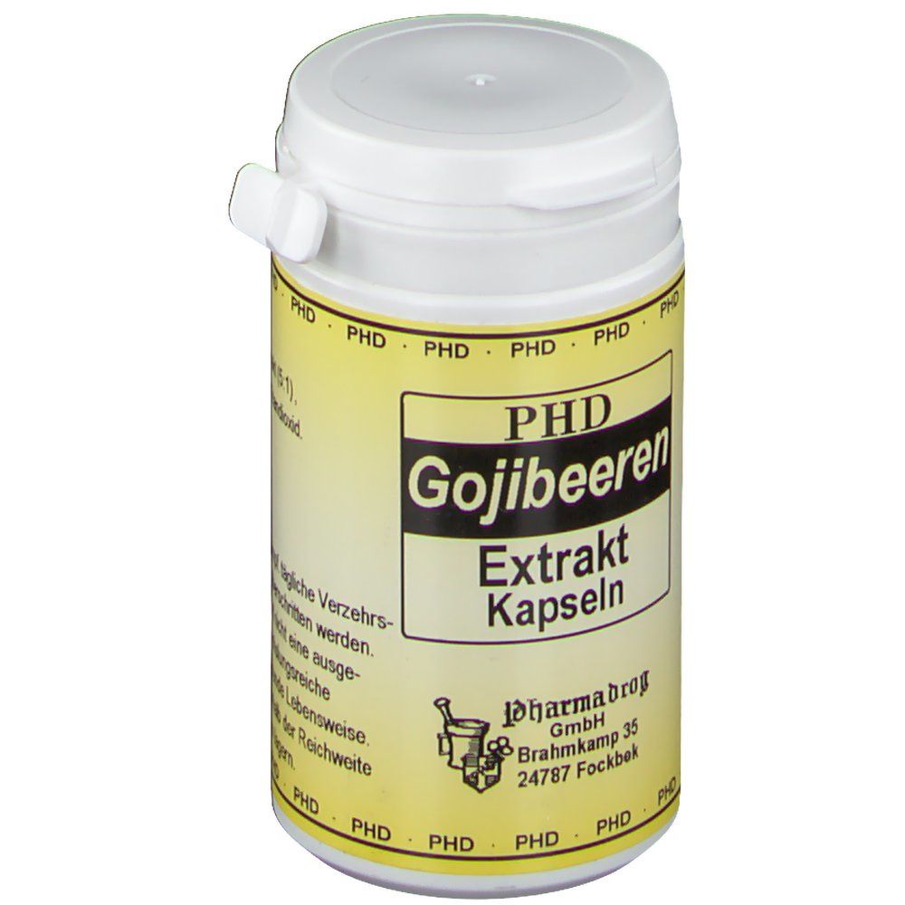 Weiße Dose mit gelbem Etikett. Aufschrift: PHD Gojibeeren Extrakt Kapseln. Logo Pharmadrog. Adresse: Brahmkamp 35, 24787 Fockbek.