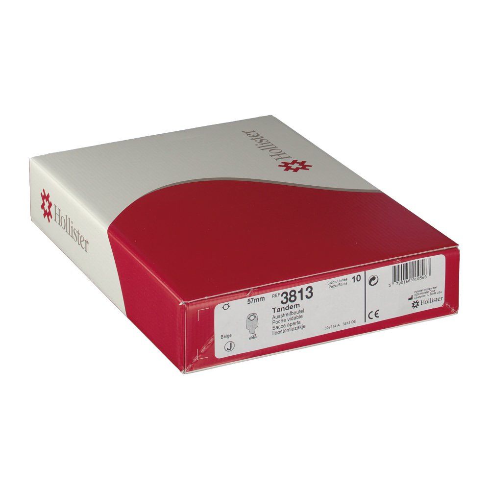 Verpackung von Hollister Tandem Auffangbeuteln. Weiß-roter Karton mit Logo und Produktinformationen. Größe 57 mm, Produktnummer 3813. CE-Kennzeichnung.