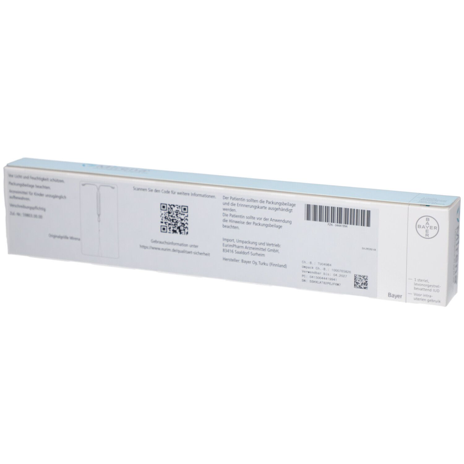 Rückseite der Mirena-Verpackung. Weiß, mit Text und QR-Code. Bayer-Logo.