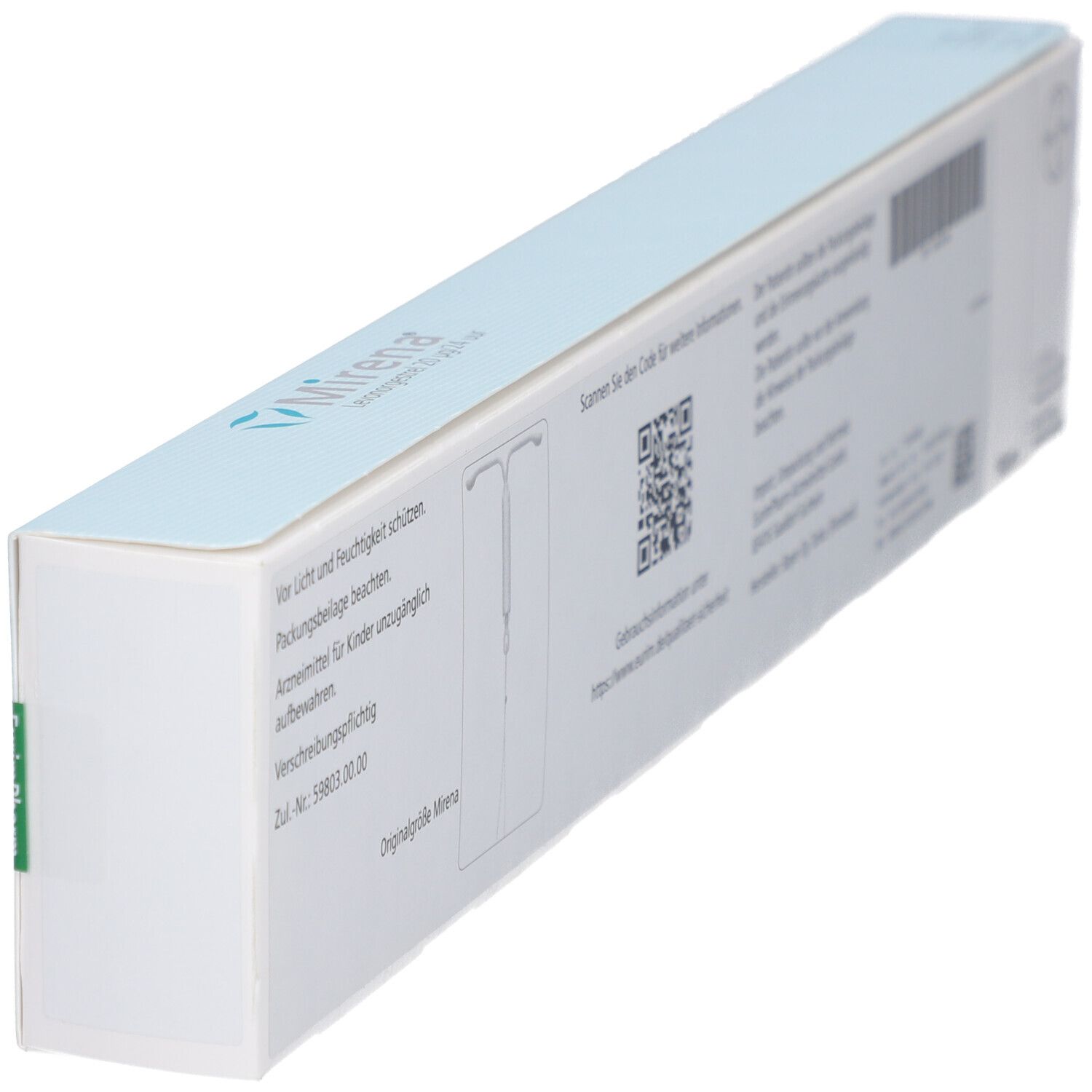 Seitenansicht der Mirena-Verpackung. Weiß, mit Text und QR-Code. Bayer-Logo und grüne Markierung.