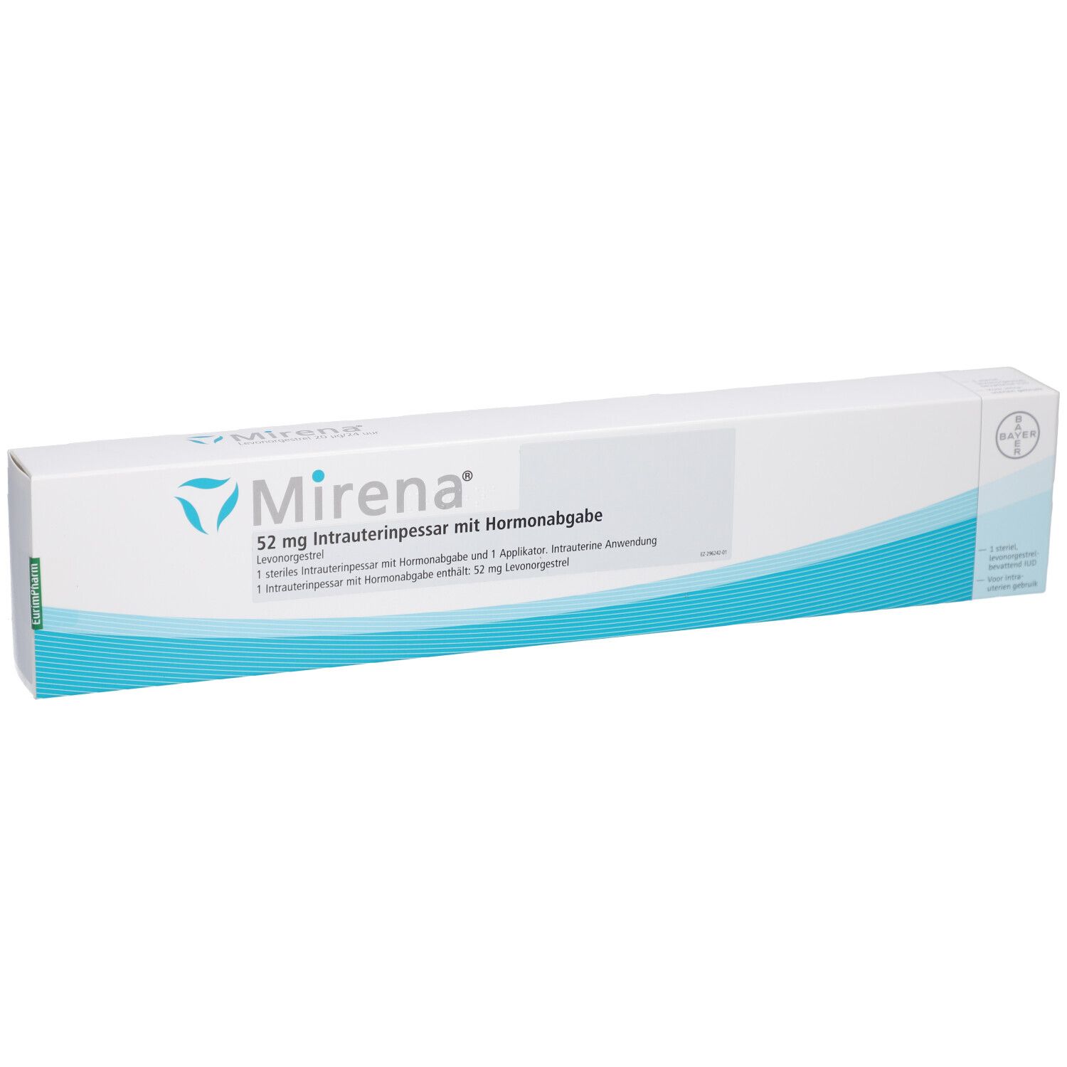 Mirena Intrauterinpessar-Verpackung. Weiß, mit blauen und grünen Akzenten. Produktname und Informationen aufgedruckt.
