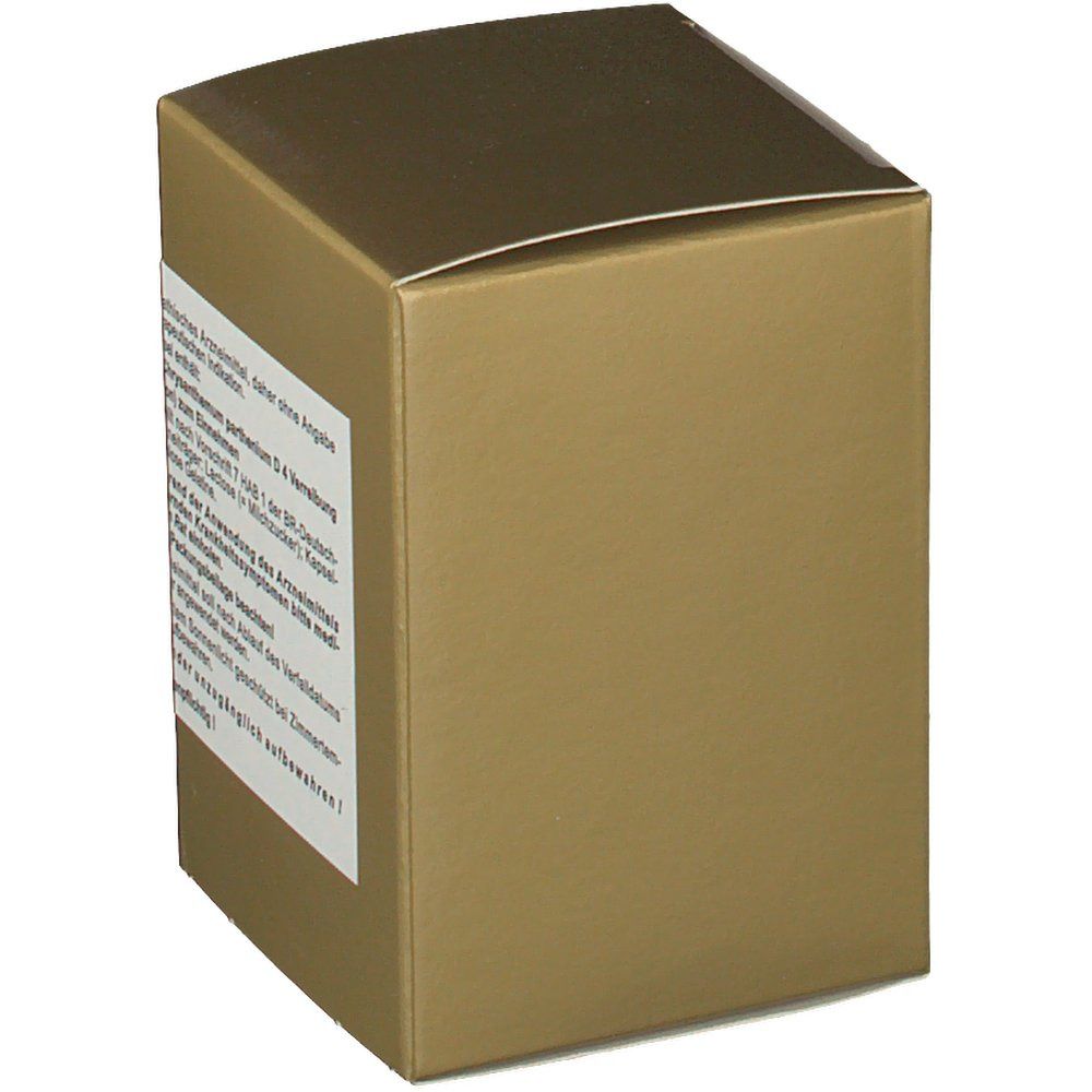 Goldfarbene Schachtel mit weißem Etikett. Text: homöopathisches Arzneimittel, Anwendungshinweise, Verfallsdatum, Inhalt.
