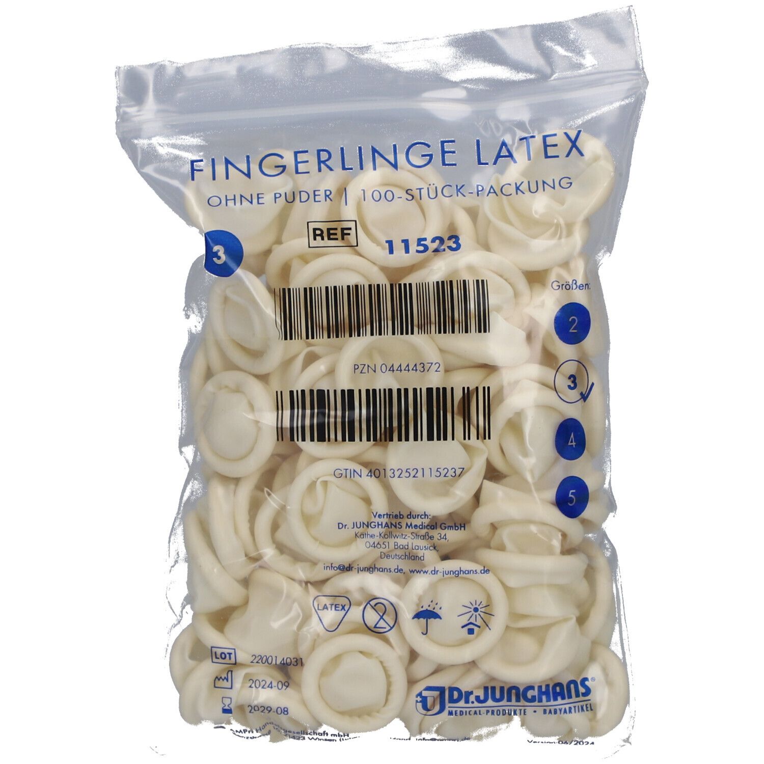 Beutel mit Fingerlingen aus Latex, Größe 3. Ohne Puder. 100 Stück. Marke Dr. Junghans. Aufdrucke: REF 11523, Latex-Symbol, Größenangaben.