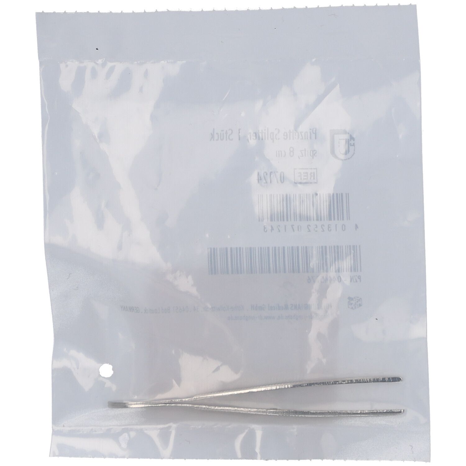 Splitter-Pinzette, 8 cm, in transparenter Folienverpackung. Spitze Enden sichtbar. Produktname und Größe auf der Verpackung.