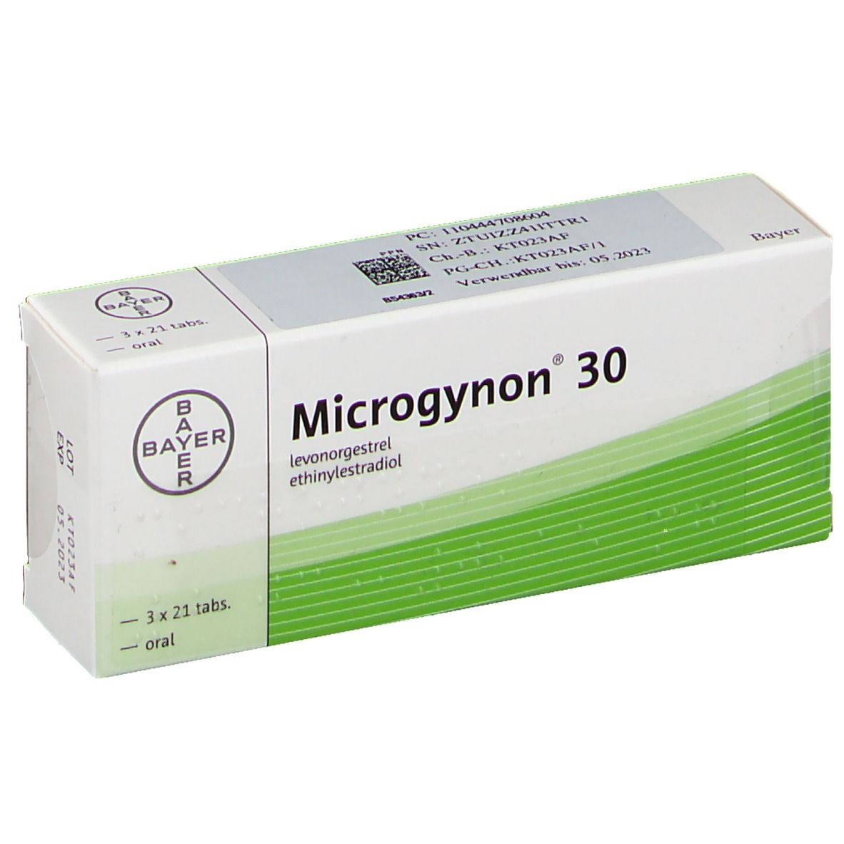 Microgynon 30-Verpackung. Weiß-grüne Schachtel mit Bayer-Logo. Enthält 3x21 Tabletten. Text: levonorgestrel, ethinylestradiol.