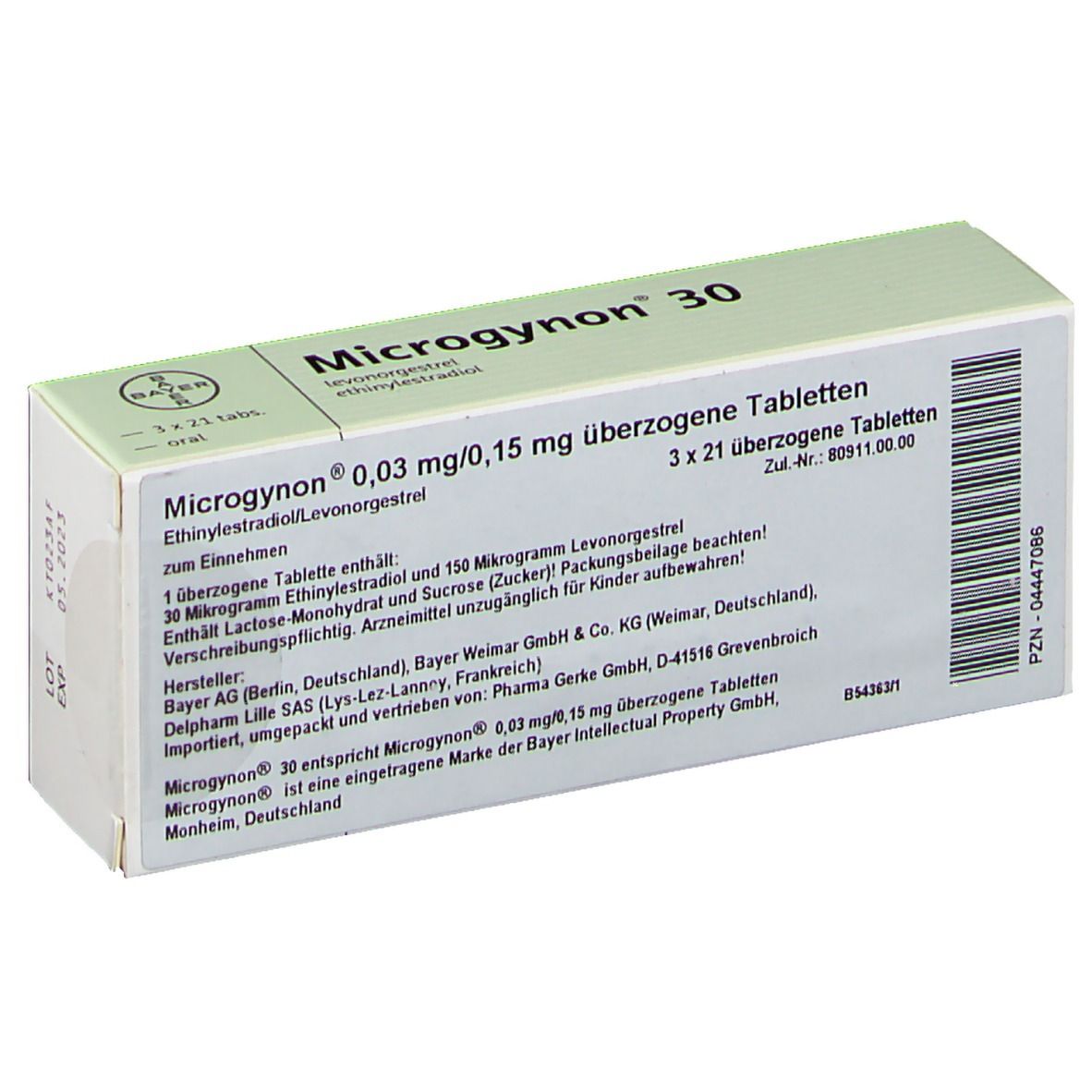 Microgynon 30-Verpackung. Weiß-grüne Schachtel mit Text. Enthält 3x21 Tabletten. Text: 0,03 mg/0,15 mg überzogene Tabletten.