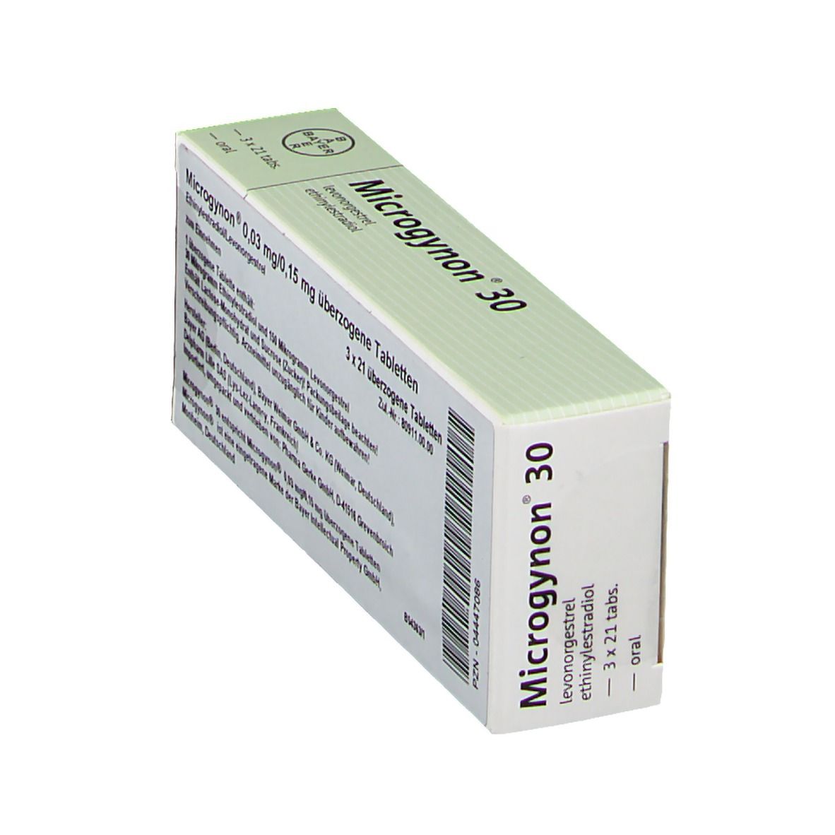Microgynon 30-Verpackung, schräg. Weiß-grüne Schachtel mit Text. Enthält 3x21 Tabletten. Text: 0,03 mg/0,15 mg überzogene Tabletten.