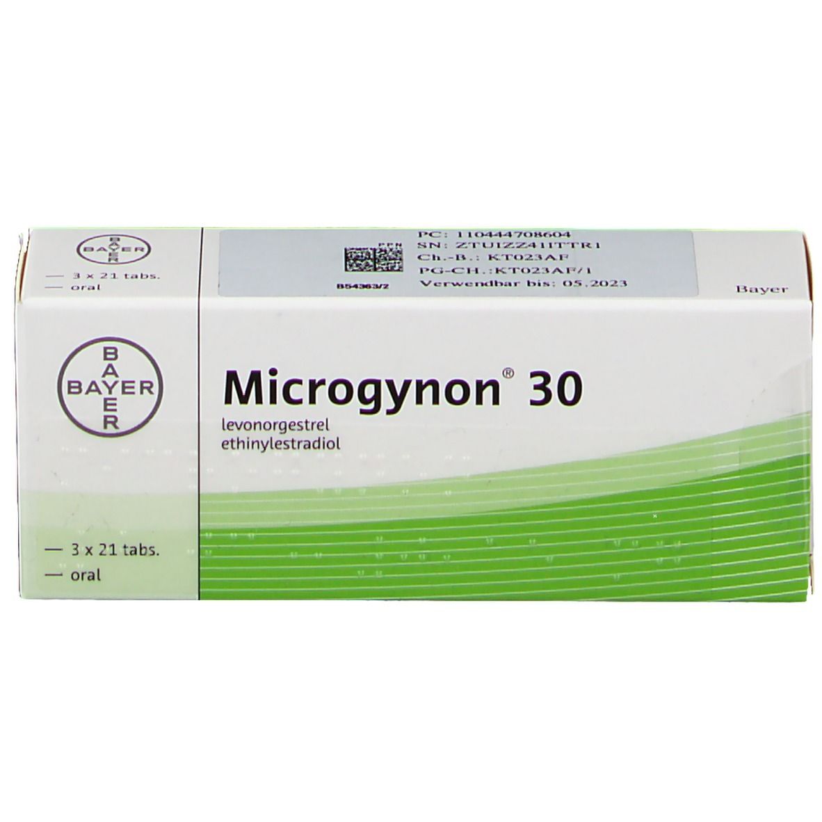 Microgynon 30-Verpackung. Weiß-grüne Schachtel mit Bayer-Logo. Enthält 3x21 Tabletten. Text: levonorgestrel, ethinylestradiol.