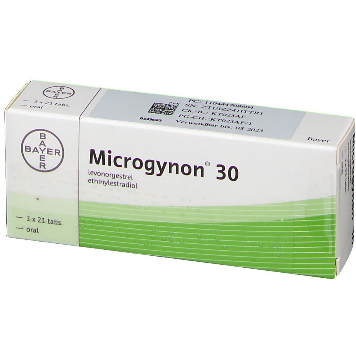 Microgynon 30-Verpackung. Weiß-grüne Schachtel mit Bayer-Logo. Enthält 3x21 Tabletten. Text: levonorgestrel, ethinylestradiol.