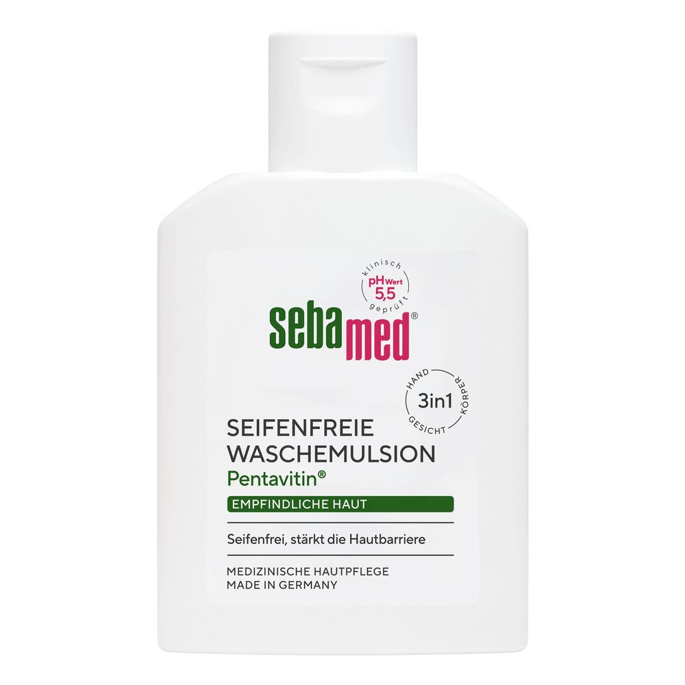 Weisse Flasche mit Klappverschluss. Aufschrift: sebamed, seifenfreie Waschemulsion, pH 5,5. Für empfindliche Haut.