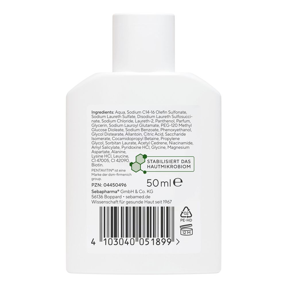 Rückseite der weißen Flasche. Zutatenliste, 50ml, Barcode, Logo. Stabilisiert das Hautmikrobiom. Hergestellt in Deutschland.