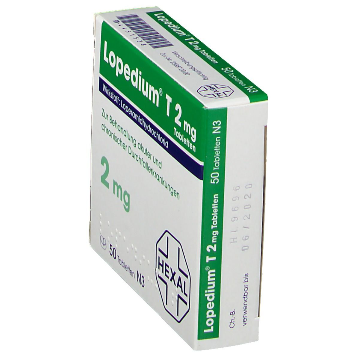 Lopedium T 2 mg Tabletten-Schachtel, schräg. Grün-weiße Verpackung mit Produktnamen, Wirkstoff und Dosierung. Hexal-Logo.