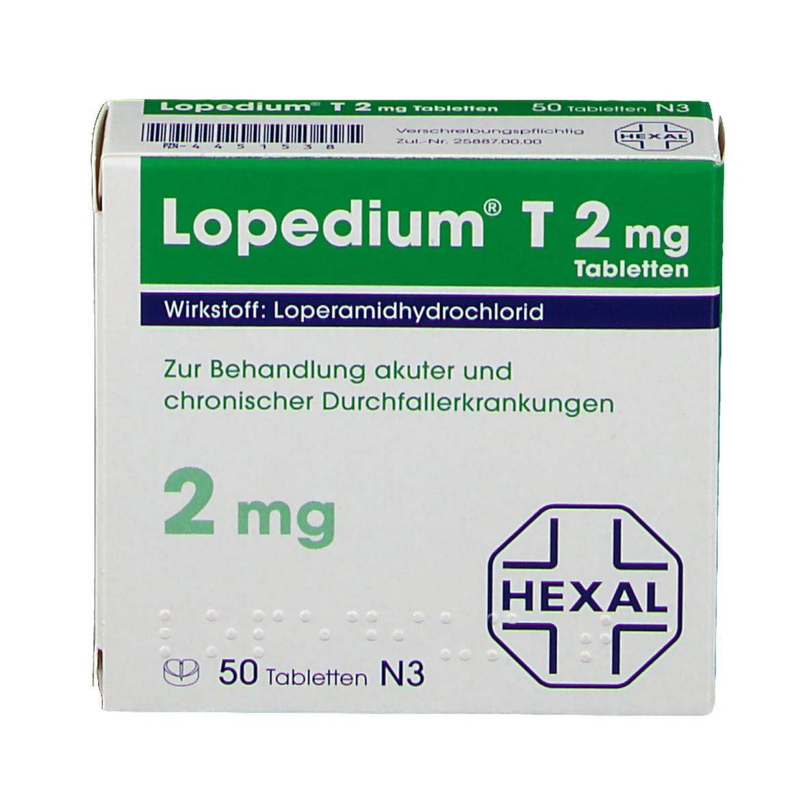 Lopedium T 2 mg Tabletten-Schachtel. Grün-weiße Verpackung mit Produktnamen, Wirkstoff und Dosierung. Hexal-Logo.