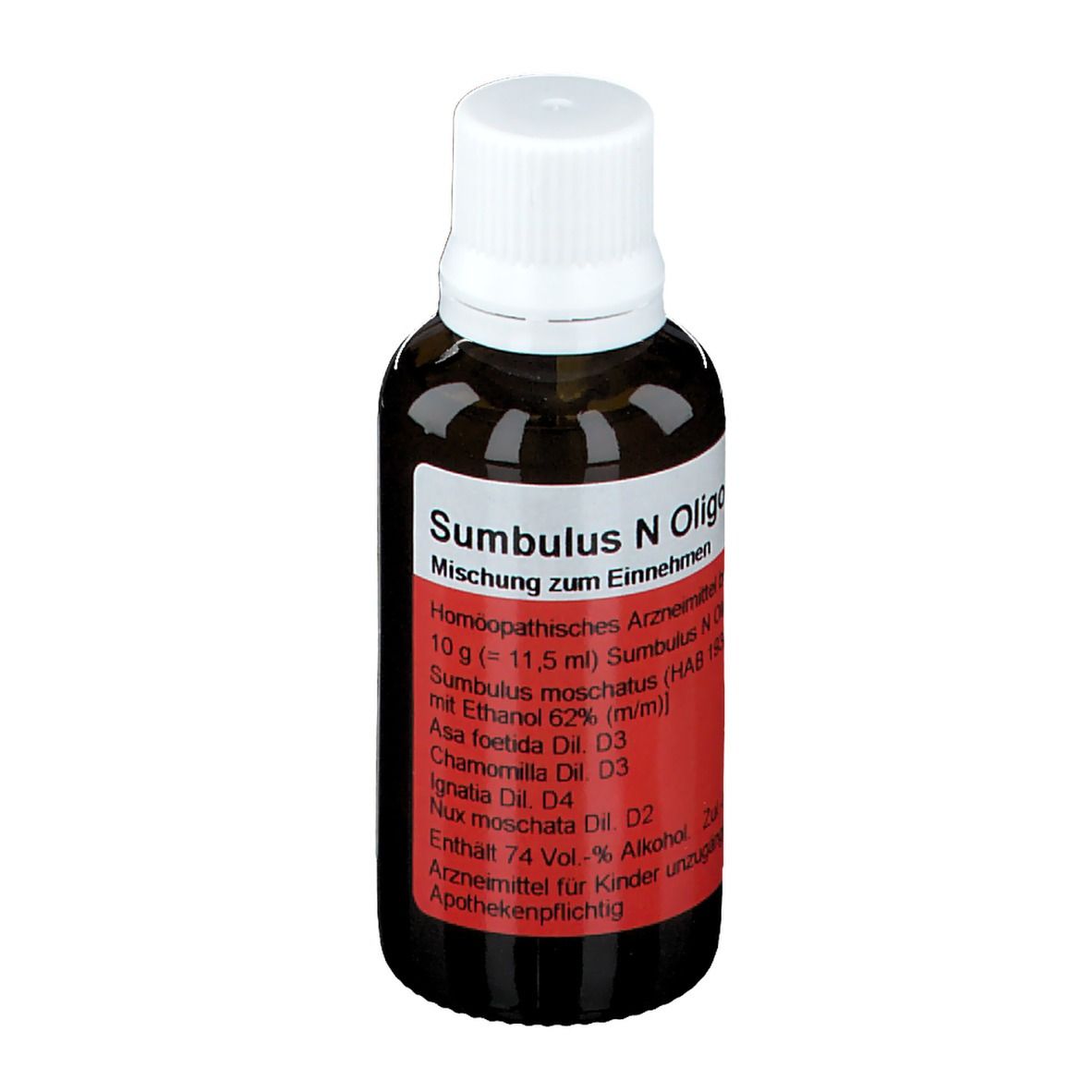Braune Glasflasche mit weißem Deckel. Rotes Etikett mit Text: Sumbulus N Oligoplex. Homöopathisches Arzneimittel.