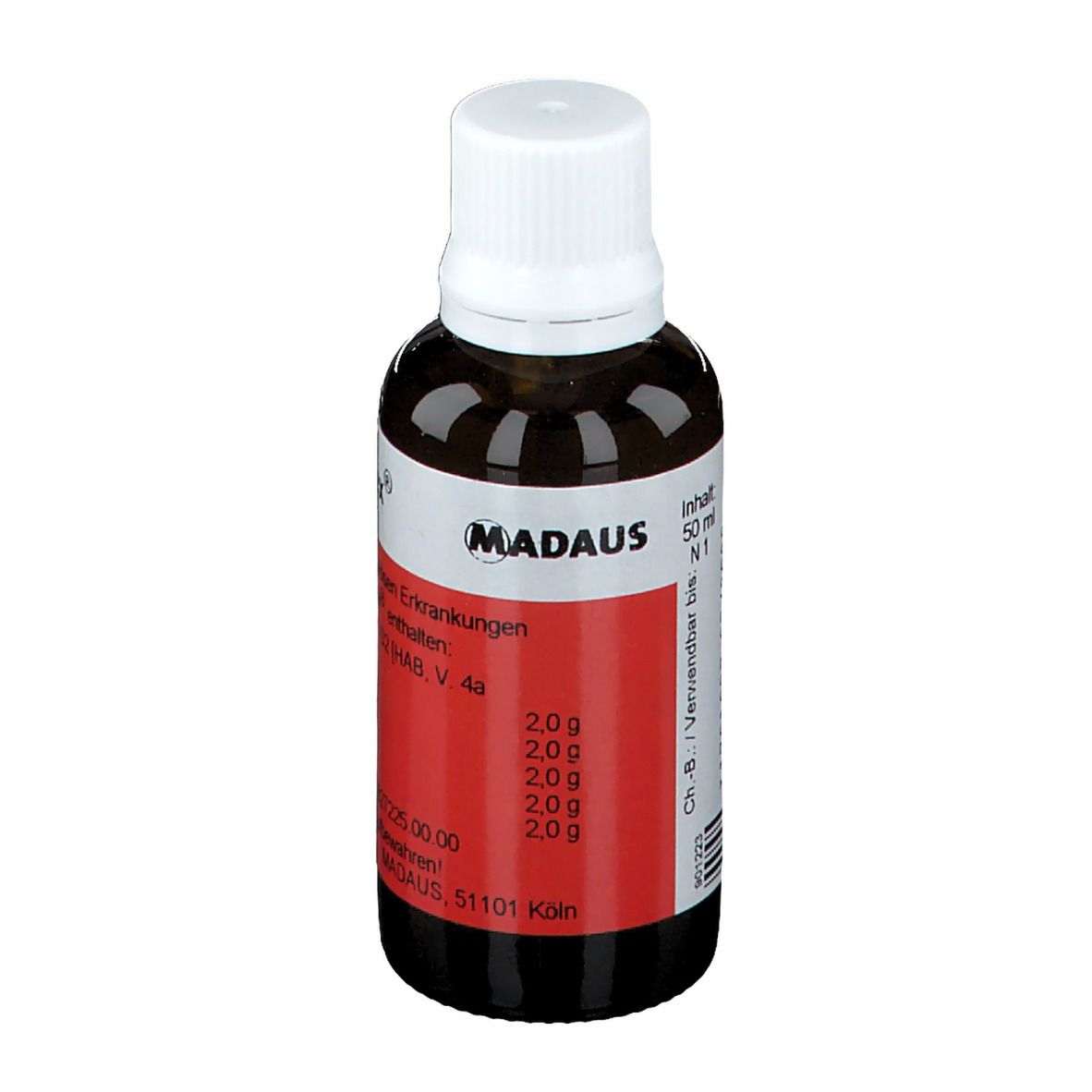 Braune Glasflasche mit weißem Deckel. Rotes Etikett mit Text: MADAUS. Inhalt: 50 ml. Homöopathisches Arzneimittel.