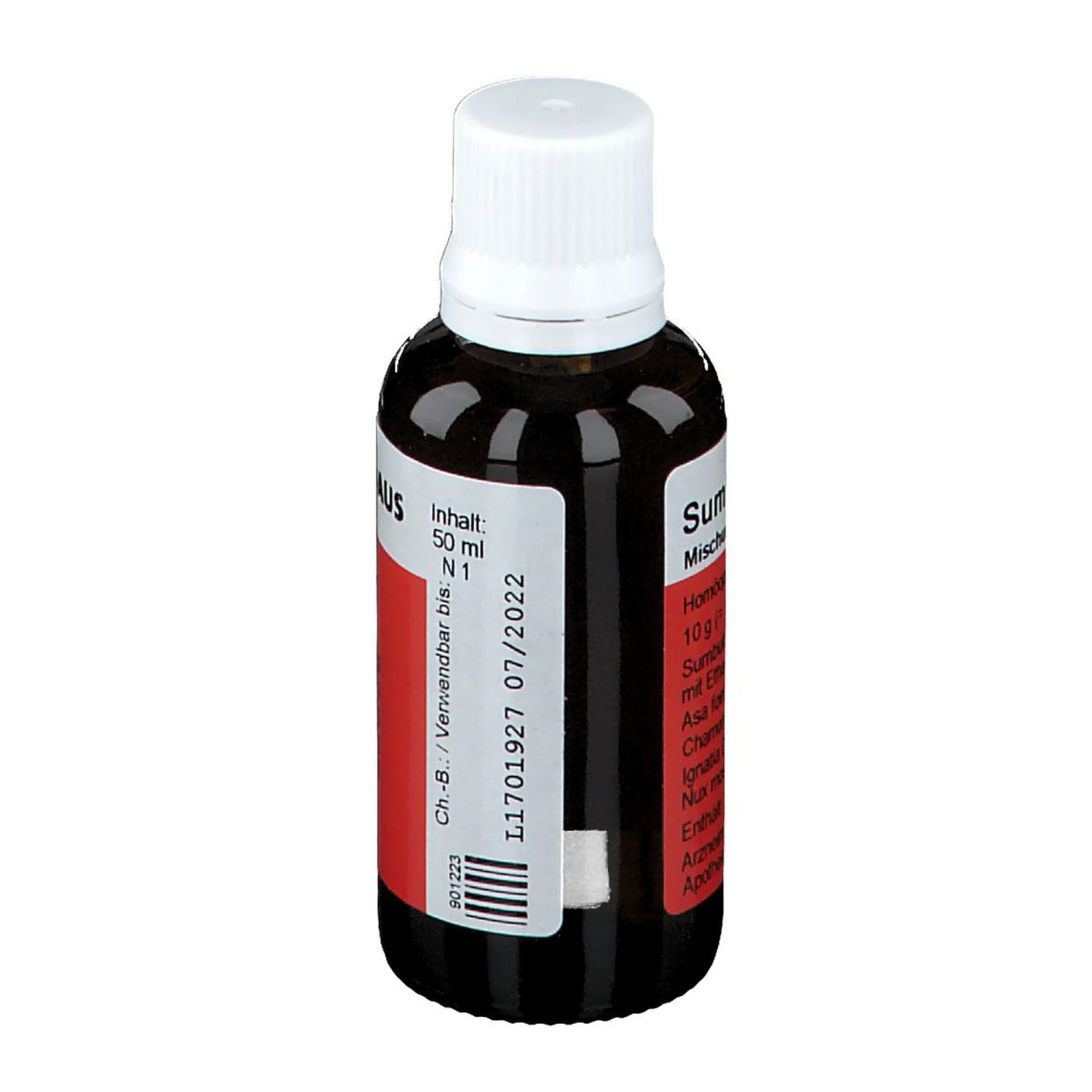 Braune Glasflasche mit weißem Deckel. Rotes Etikett mit Text: MADAUS. Inhalt: 50 ml. Verwendbar bis 07/2022.