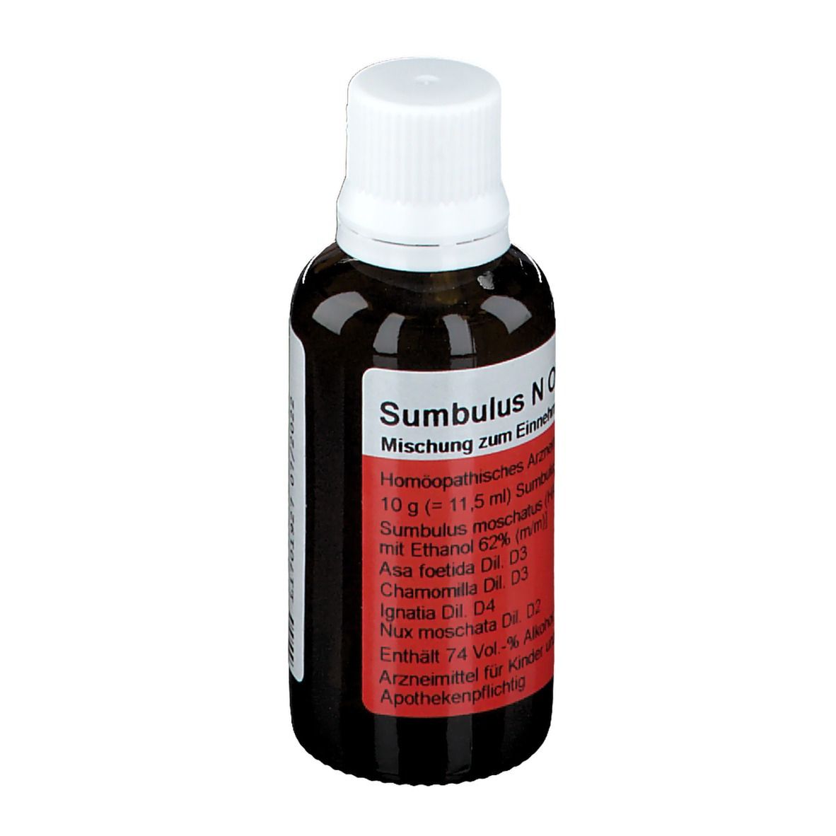Braune Glasflasche mit weißem Deckel. Rotes Etikett mit Text: Sumbulus N Oligoplex. Homöopathisches Arzneimittel.