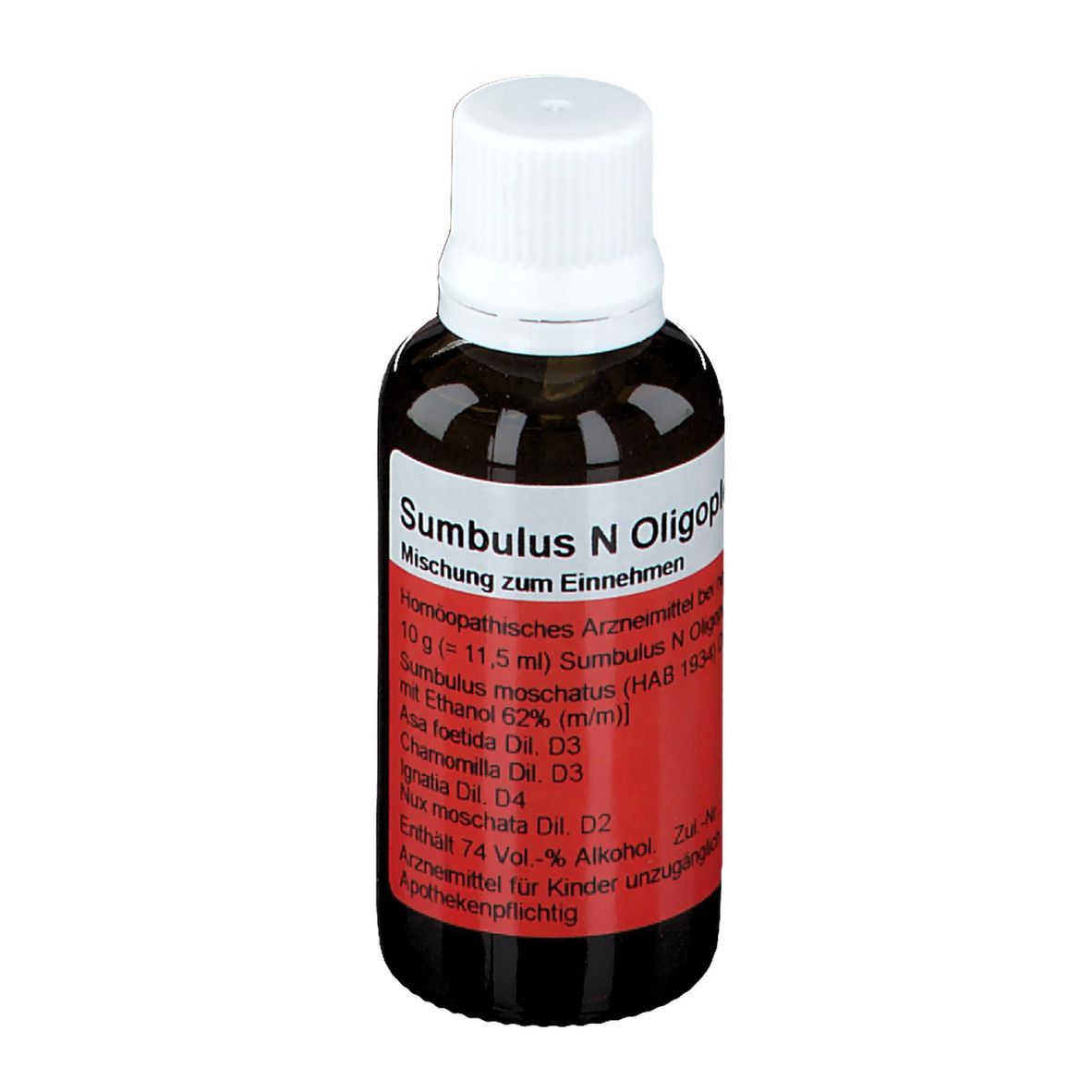 Braune Glasflasche mit weißem Deckel. Rotes Etikett mit Text: Sumbulus N Oligoplex. Homöopathisches Arzneimittel.